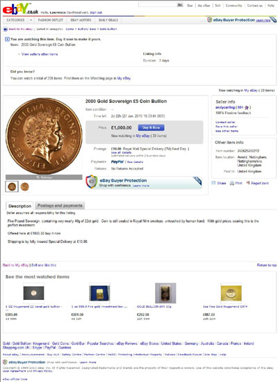 andycarling eBay Listing Using our 2000 Bullion & BU Gold 5 Quintuple Sovereign Photographs